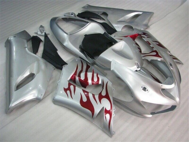 ABS 2005-2006 Silver Red Flames Kawasaki ZX6R Motorcycle Fairings UK