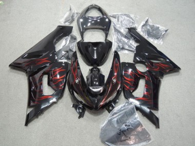 ABS 2005-2006 Black Red Flame Kawasaki ZX6R Moto Fairings UK